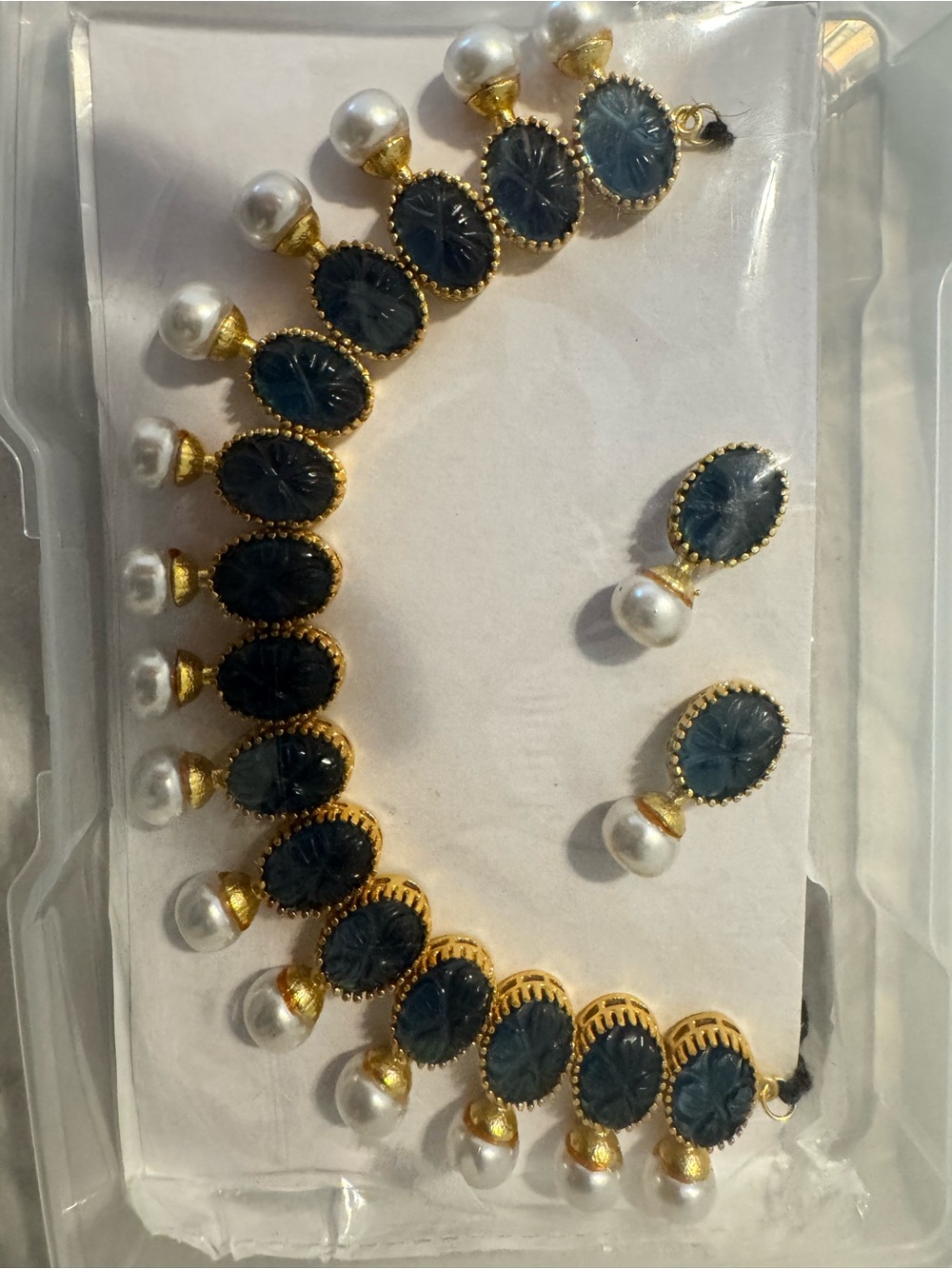 Desi Gold-Tone Blue Stone & Pearl Drop Necklace Set - Women Jewelry